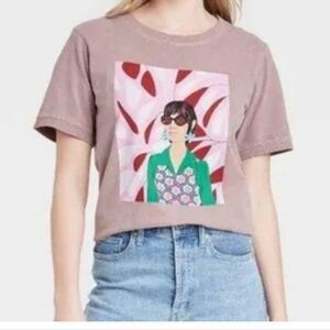 Bijou Karman Taupe Palm Leaves Graphic Short Sleeve Tee Shirt Size XS